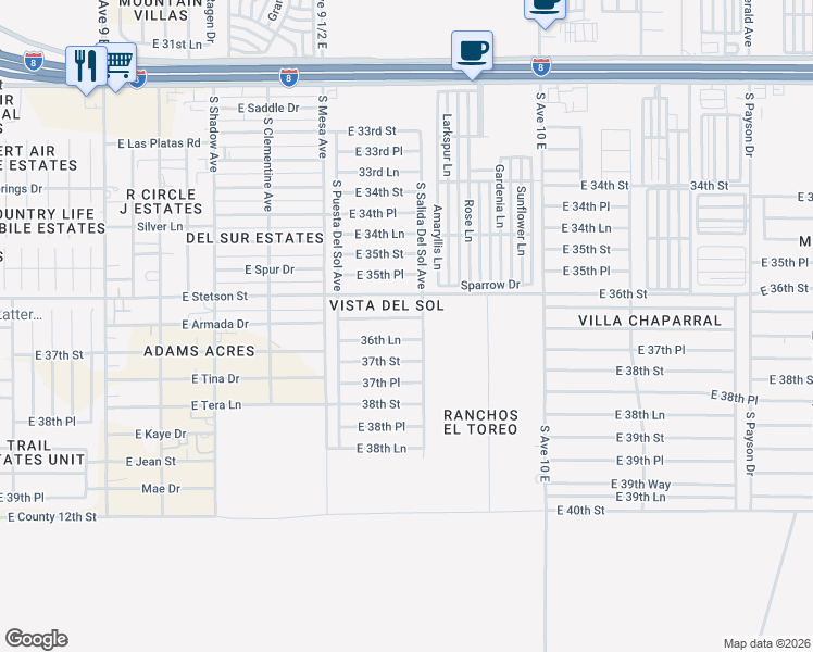 map of restaurants, bars, coffee shops, grocery stores, and more near 9652 East 36th Place in Yuma