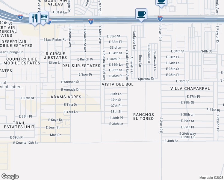 map of restaurants, bars, coffee shops, grocery stores, and more near 9602 E 36th Pl in Yuma