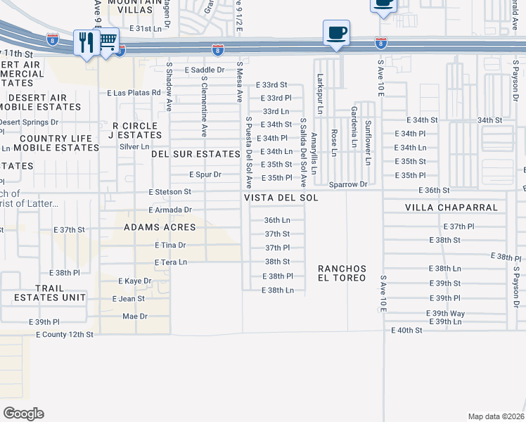 map of restaurants, bars, coffee shops, grocery stores, and more near 9602 E 36th Pl in Yuma