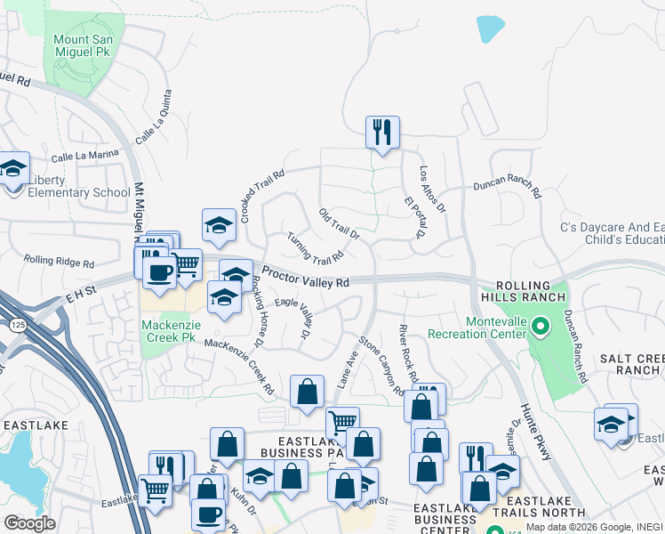 map of restaurants, bars, coffee shops, grocery stores, and more near 2453 Turning Trail Rd in Chula Vista