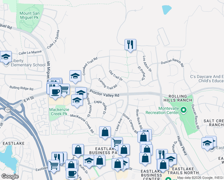 map of restaurants, bars, coffee shops, grocery stores, and more near 2453 Turning Trail Road in Chula Vista