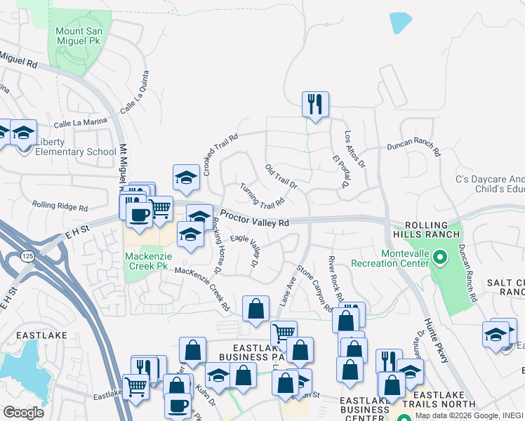 map of restaurants, bars, coffee shops, grocery stores, and more near 2453 Turning Trail Road in Chula Vista