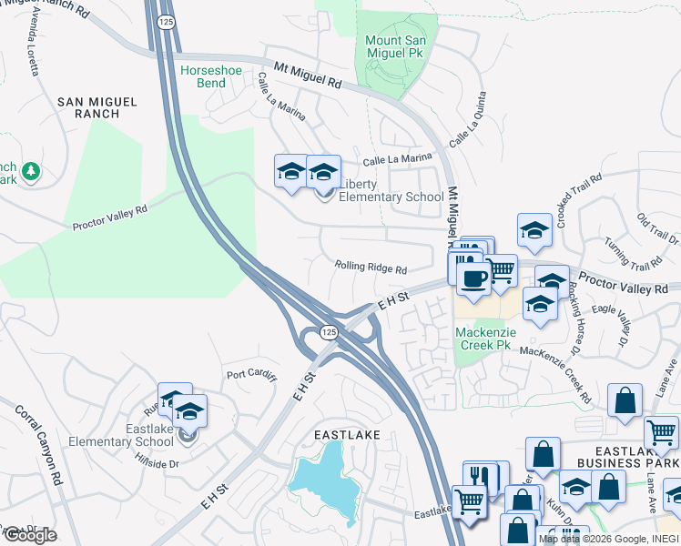 map of restaurants, bars, coffee shops, grocery stores, and more near 2241 Rolling Ridge Road in Chula Vista
