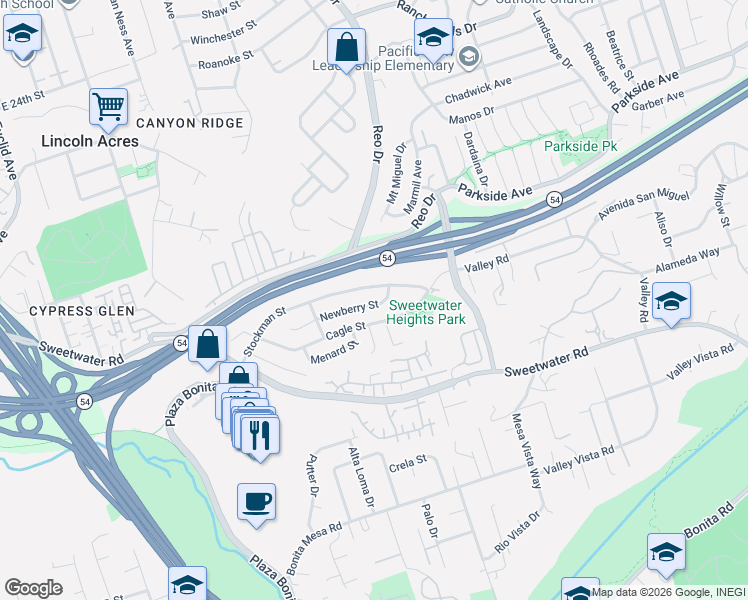 map of restaurants, bars, coffee shops, grocery stores, and more near 3702 Newberry Street in National City