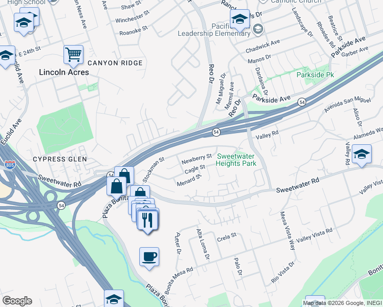 map of restaurants, bars, coffee shops, grocery stores, and more near 3517 Stockman Street in National City