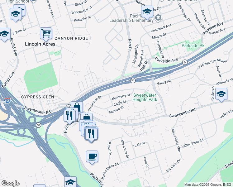 map of restaurants, bars, coffee shops, grocery stores, and more near 3337 Stockman Street in National City