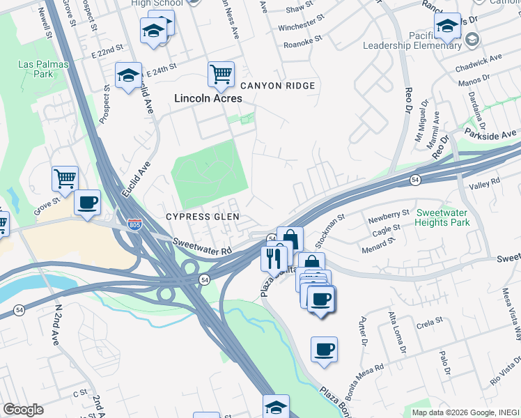 map of restaurants, bars, coffee shops, grocery stores, and more near 3235 Alta Drive in National City