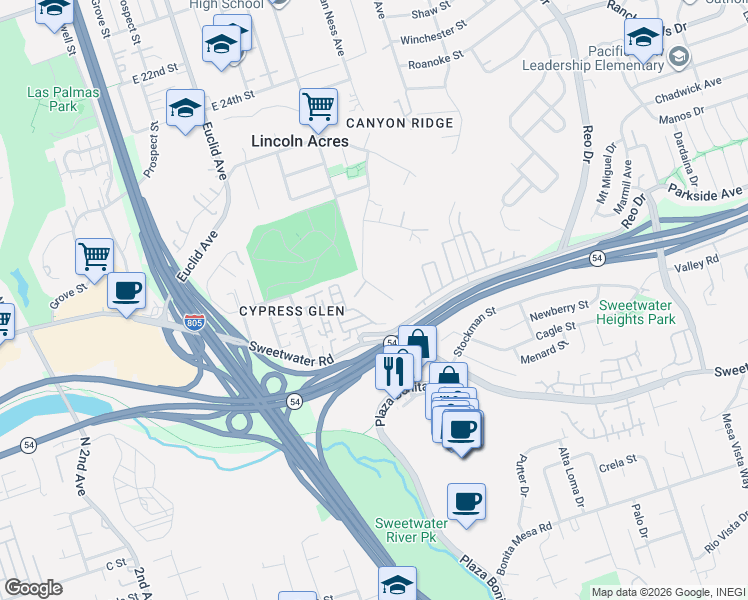 map of restaurants, bars, coffee shops, grocery stores, and more near 3235 Alta Drive in National City