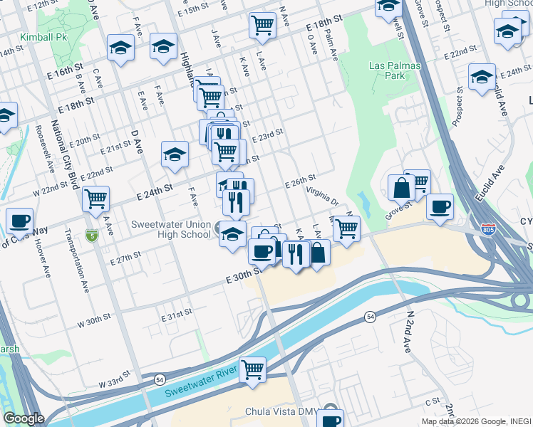 map of restaurants, bars, coffee shops, grocery stores, and more near 2631 J Avenue in National City
