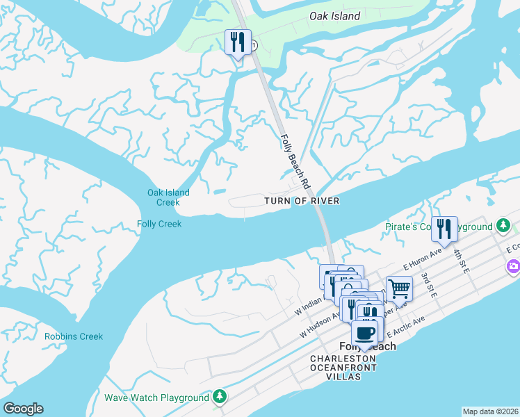 map of restaurants, bars, coffee shops, grocery stores, and more near 1 West Mariners Cay Drive in Folly Beach