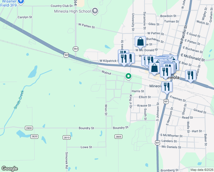 map of restaurants, bars, coffee shops, grocery stores, and more near 517 West Front Street in Mineola