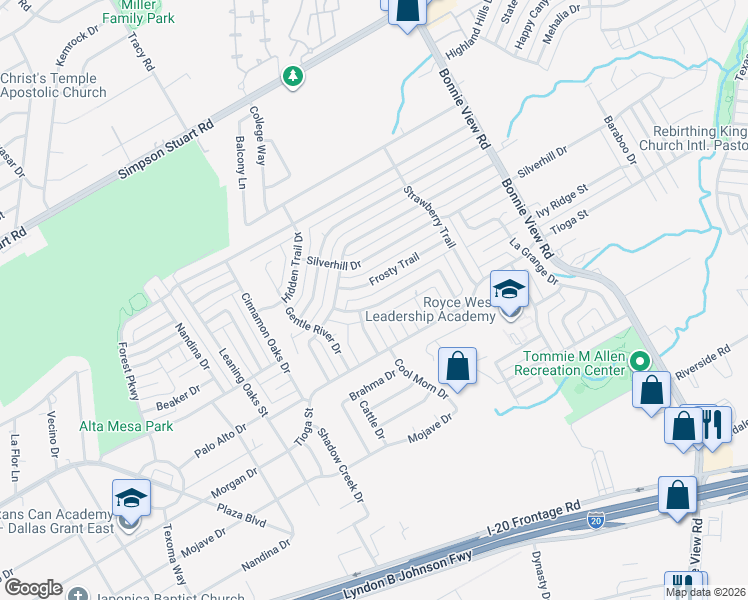map of restaurants, bars, coffee shops, grocery stores, and more near 3424 Frosty Trail in Dallas