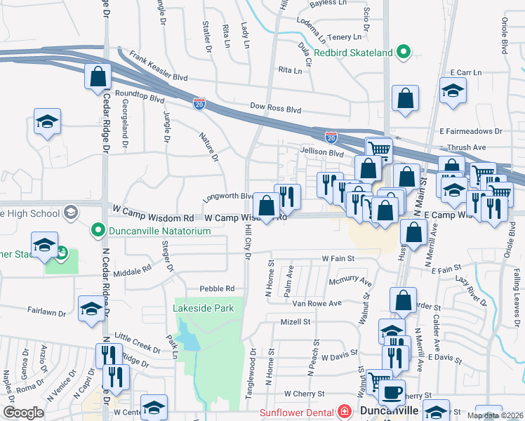 map of restaurants, bars, coffee shops, grocery stores, and more near 426 Longworth Boulevard in Duncanville