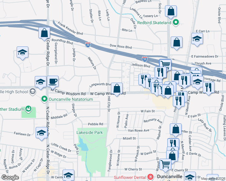 map of restaurants, bars, coffee shops, grocery stores, and more near 426 Longworth Boulevard in Duncanville