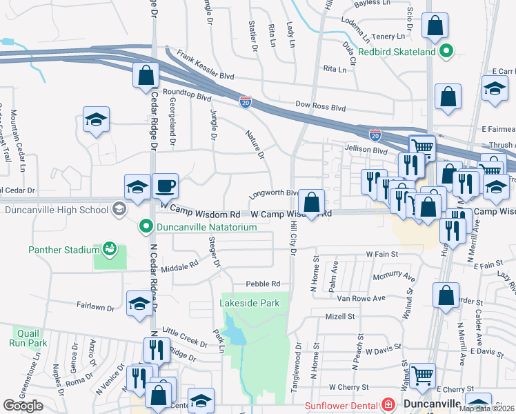 map of restaurants, bars, coffee shops, grocery stores, and more near 526 Longworth Boulevard in Duncanville