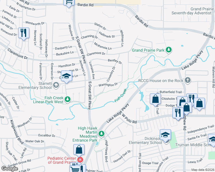 map of restaurants, bars, coffee shops, grocery stores, and more near 2402 Warrington Drive in Grand Prairie