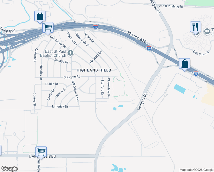 map of restaurants, bars, coffee shops, grocery stores, and more near 5513 Cloverdale Drive in Fort Worth