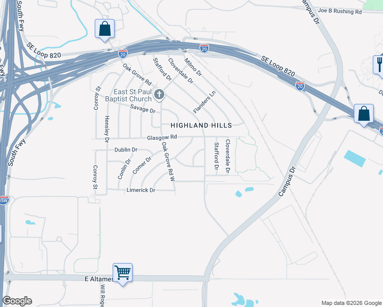 map of restaurants, bars, coffee shops, grocery stores, and more near 5604 Neystel Road in Fort Worth