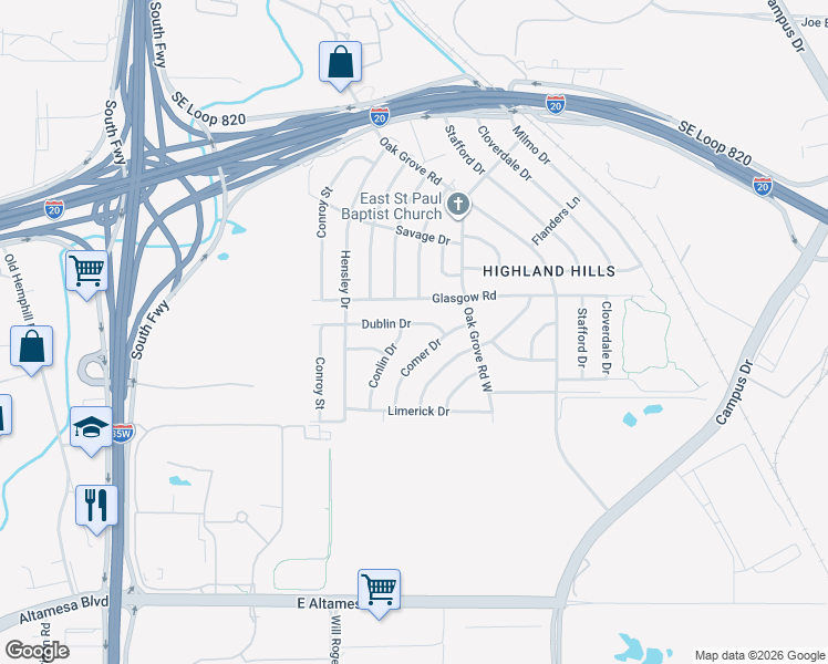 map of restaurants, bars, coffee shops, grocery stores, and more near 1213 Dublin Drive in Fort Worth