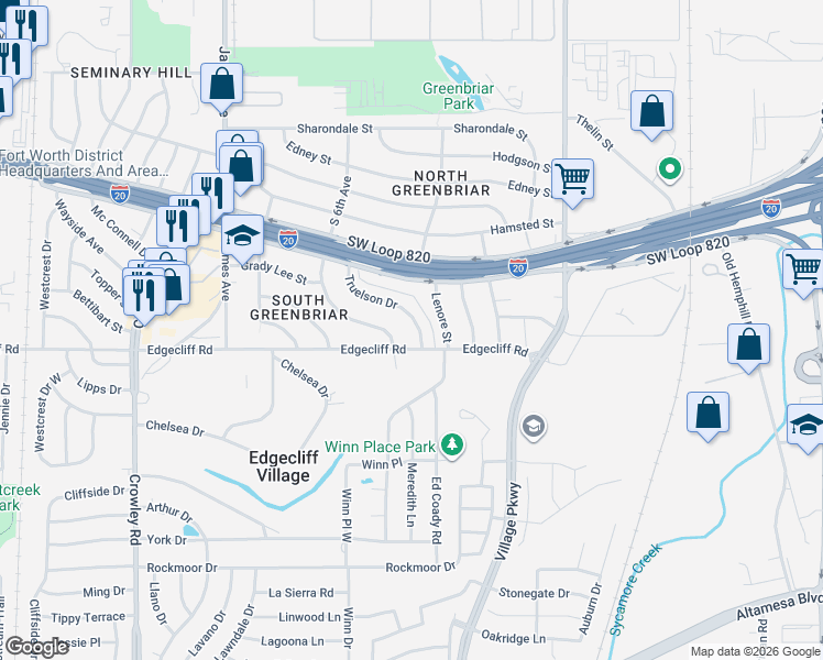 map of restaurants, bars, coffee shops, grocery stores, and more near 5772 Truelson Drive in Fort Worth