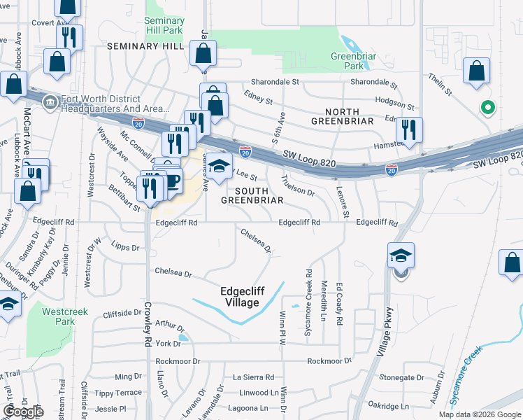 map of restaurants, bars, coffee shops, grocery stores, and more near 5736 South 6th Avenue in Fort Worth