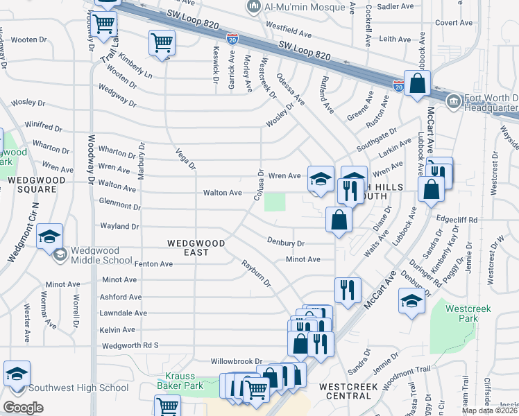 map of restaurants, bars, coffee shops, grocery stores, and more near 5601 Colusa Drive in Fort Worth