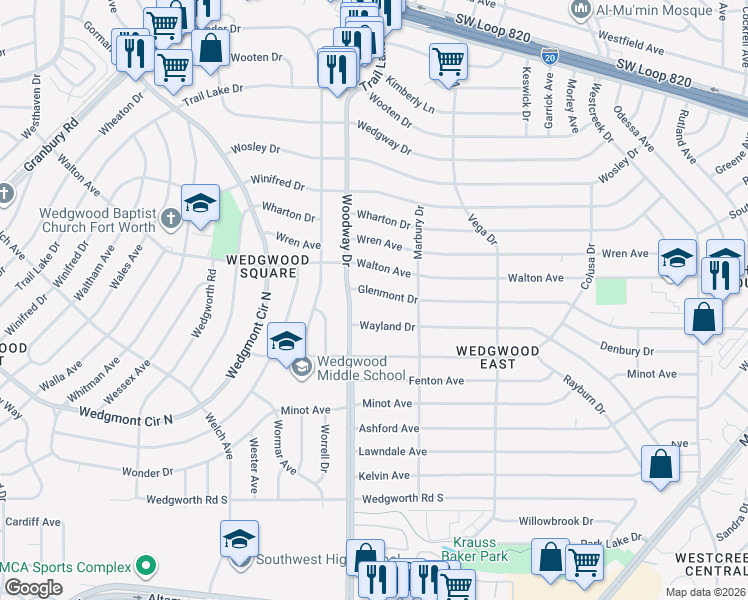 map of restaurants, bars, coffee shops, grocery stores, and more near 3820 Glenmont Drive in Fort Worth