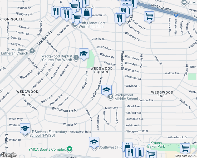 map of restaurants, bars, coffee shops, grocery stores, and more near 5613 Wharton Drive in Fort Worth