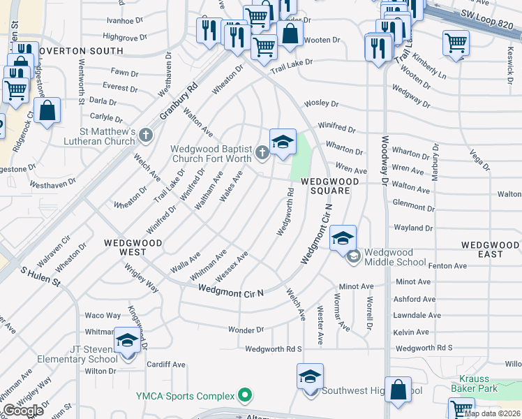 map of restaurants, bars, coffee shops, grocery stores, and more near 5621 Whitman Avenue in Fort Worth