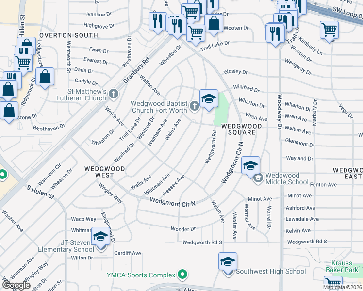 map of restaurants, bars, coffee shops, grocery stores, and more near 5700 Walla Avenue in Fort Worth