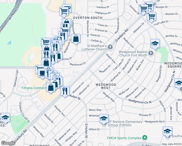 map of restaurants, bars, coffee shops, grocery stores, and more near 5933 Wedgwood Drive in Fort Worth