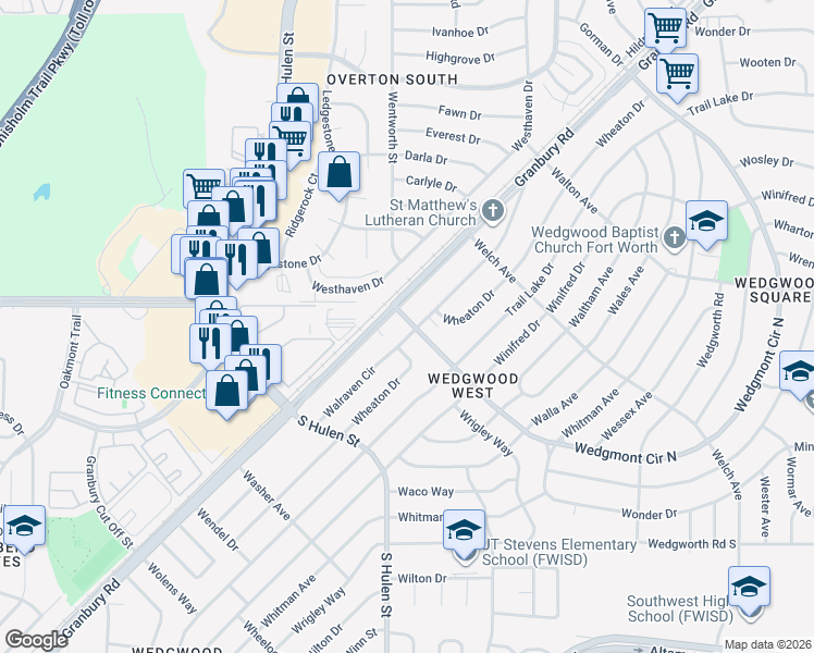 map of restaurants, bars, coffee shops, grocery stores, and more near 5933 Wedgwood Drive in Fort Worth