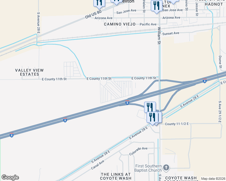 map of restaurants, bars, coffee shops, grocery stores, and more near 28590 East County 11th Street in Wellton