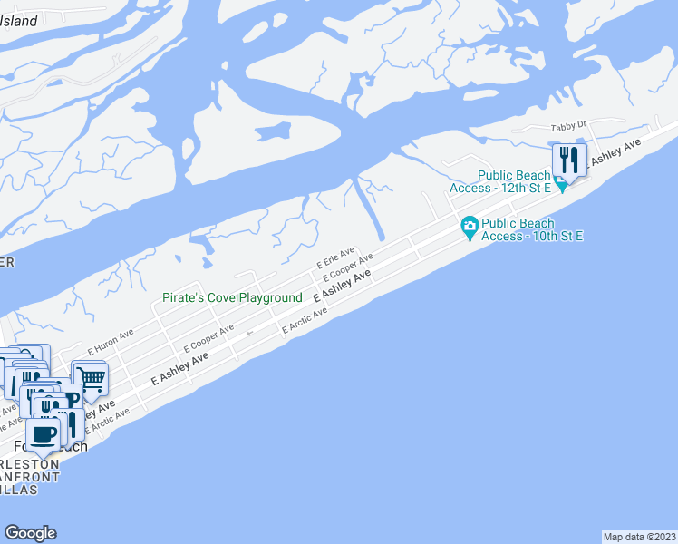 map of restaurants, bars, coffee shops, grocery stores, and more near 715 East Cooper Avenue in Folly Beach