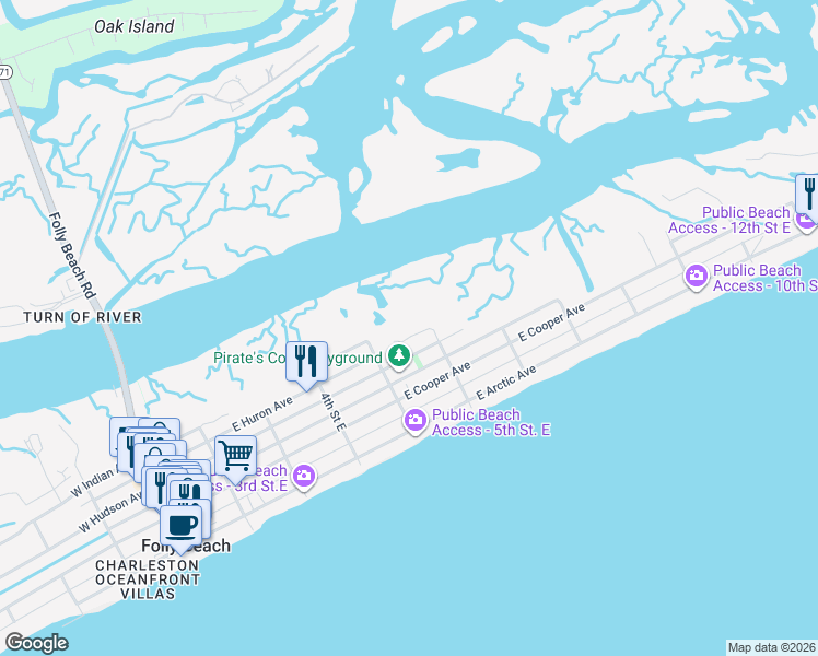 map of restaurants, bars, coffee shops, grocery stores, and more near 516 East Huron Avenue in Folly Beach