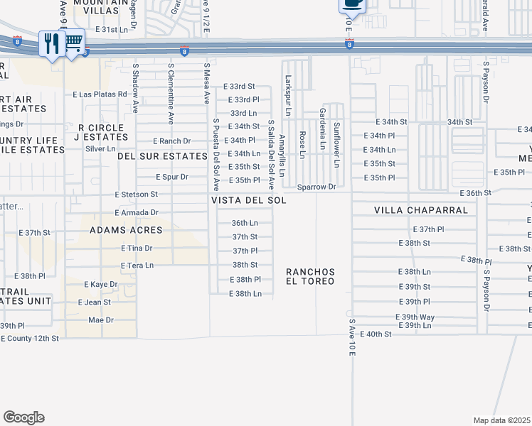 map of restaurants, bars, coffee shops, grocery stores, and more near 9652 East 36th Place in Yuma