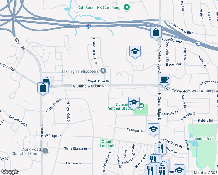 map of restaurants, bars, coffee shops, grocery stores, and more near 800 West Camp Wisdom Road in Duncanville