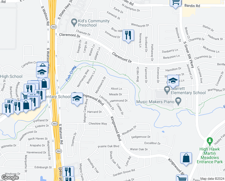 map of restaurants, bars, coffee shops, grocery stores, and more near 2841 Alcot Lane in Grand Prairie