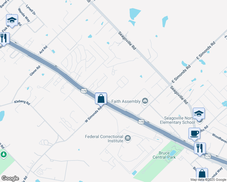 map of restaurants, bars, coffee shops, grocery stores, and more near 25 Kimberly Drive in Seagoville