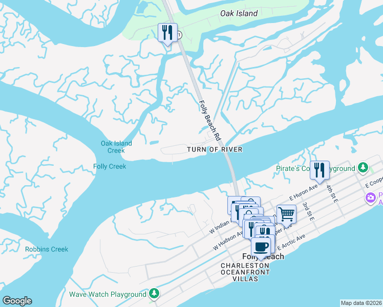 map of restaurants, bars, coffee shops, grocery stores, and more near 9 Mariners Cay Drive in Folly Beach