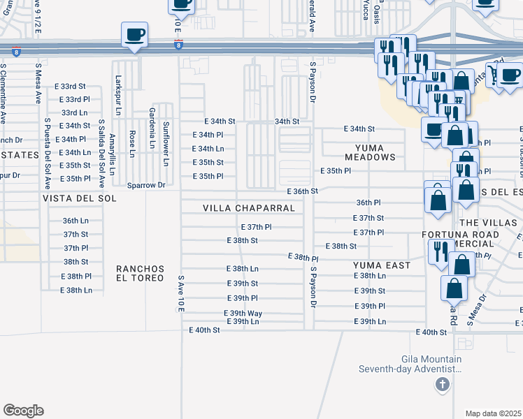 map of restaurants, bars, coffee shops, grocery stores, and more near in Yuma