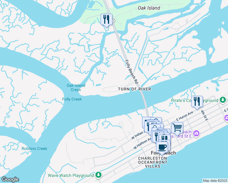 map of restaurants, bars, coffee shops, grocery stores, and more near 1 West Mariners Cay Drive in Folly Beach