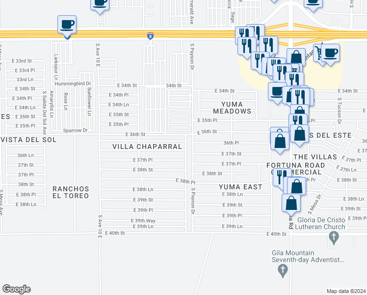 map of restaurants, bars, coffee shops, grocery stores, and more near 10462 East 37th Street in Yuma