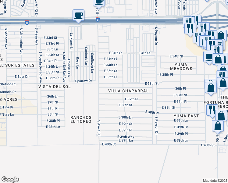 map of restaurants, bars, coffee shops, grocery stores, and more near 10204 East 37th Street in Yuma