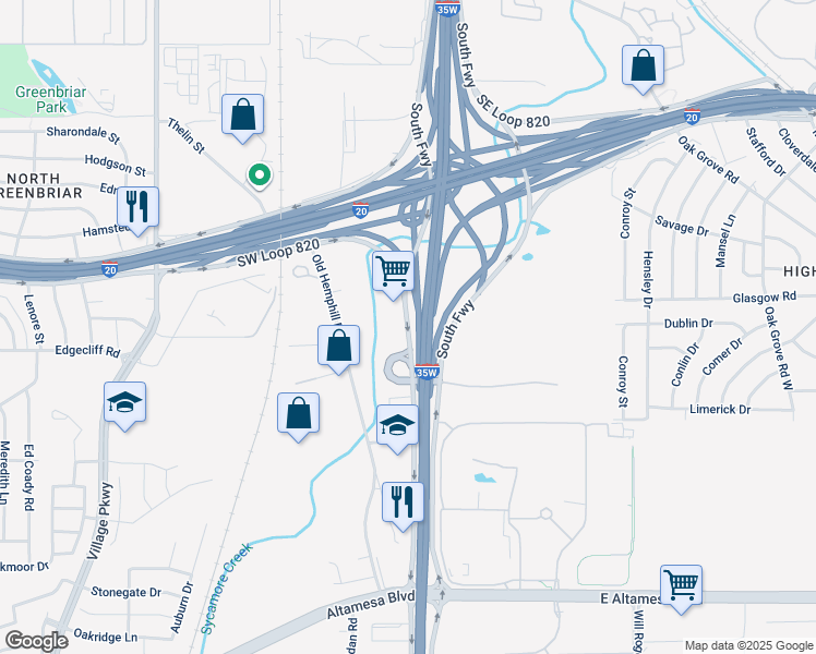 map of restaurants, bars, coffee shops, grocery stores, and more near 5920 South Freeway in Fort Worth