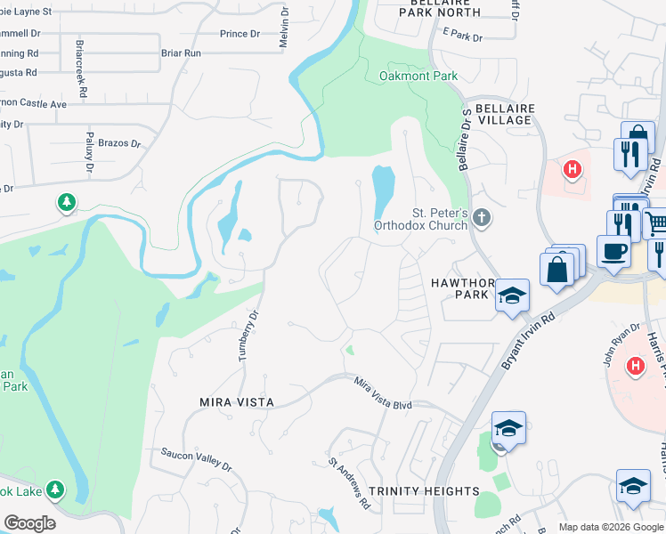 map of restaurants, bars, coffee shops, grocery stores, and more near 6101 Forest Highlands Drive in Fort Worth