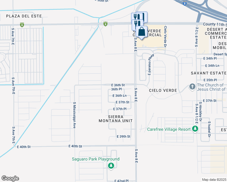 map of restaurants, bars, coffee shops, grocery stores, and more near 7841 East 36th Place in Yuma