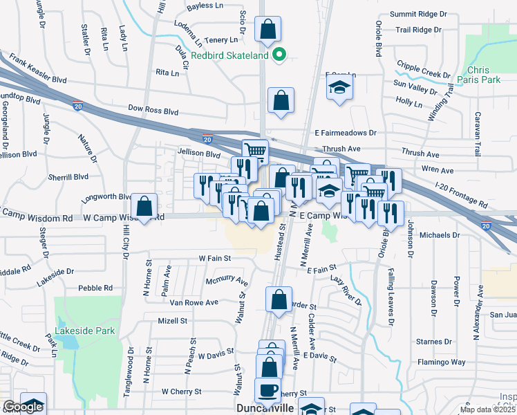 map of restaurants, bars, coffee shops, grocery stores, and more near 203 West Camp Wisdom Road in Duncanville