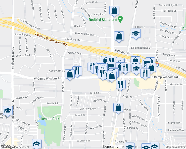 map of restaurants, bars, coffee shops, grocery stores, and more near 311 W Camp Wisdom Rd in Duncanville