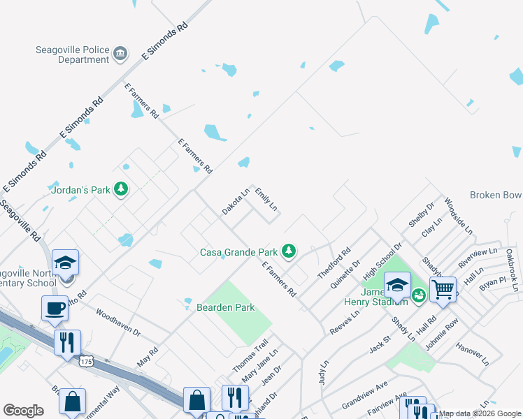 map of restaurants, bars, coffee shops, grocery stores, and more near 1618 Makayla Lane in Seagoville
